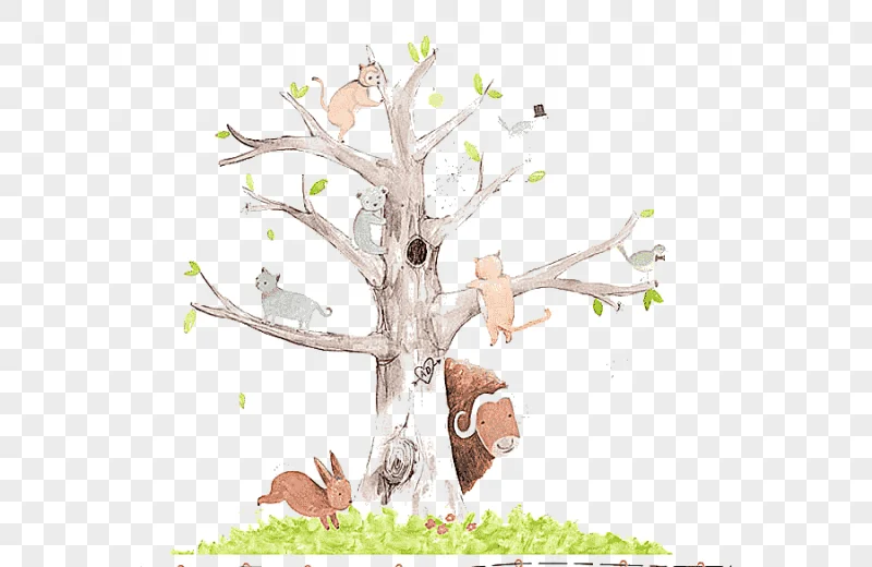 png clipart animals on tree watercolor painting cartoon illustration beautiful hand drawn