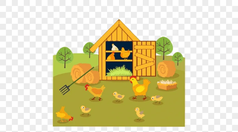 png clipart brood of chicken near coop illustration chicken farm drawing agriculture carto