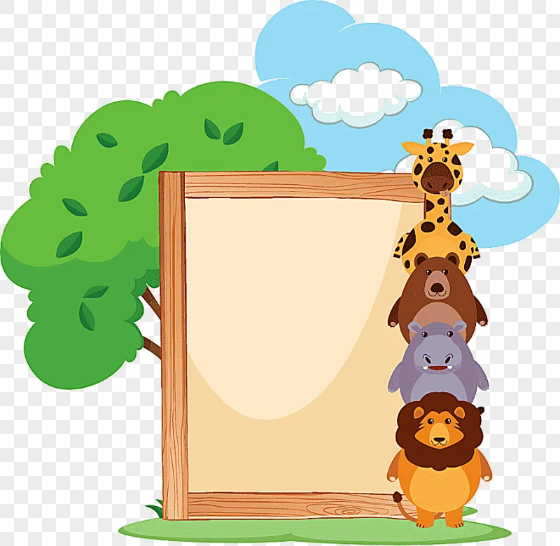 png clipart cartoon wooden frame with cute animals on the side