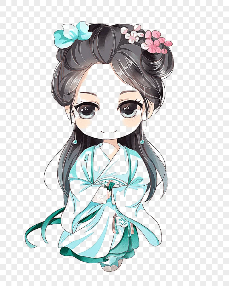 png clipart female character with black hair and teal dress illustration chibichibi drawin