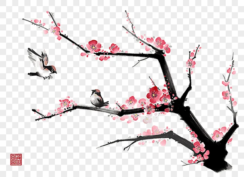 png clipart pink cherry blossom tree ink wash painting gongbi bird and flower painting cre